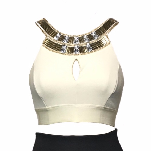 bebe Ivory Crop Top with Gold Embellished Collar - Picture 2 of 8